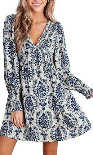 Women's Mini Dress Smocked V Neck Long Sleeve Empire Waist Casual A Line Dress
