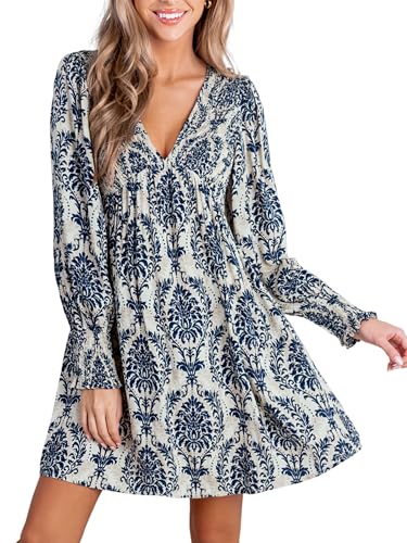 Women's Mini Dress Smocked V Neck Long Sleeve Empire Waist Casual A Line Dress