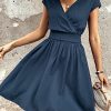 Women's Short Batwing Sleeve Cross Wrap V-Neck A-line Casual Swing Dress Plain Shirred Flared Short Dress