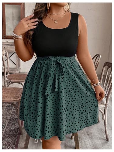 Women's Plus Size Polka Dots Sleeveless Summer Tank Dress Belted Vacation Beach Flowy Short Dresses