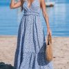 Women's Plunging V Neck Sleeveless Floral Boho Backless Ruffled Beach Summer Maxi Dresses with Pockets