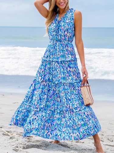 Women's Maxi Dress Ruffled V Neck Abstract Printed Sleeveless Self Tie A Line Long Summer Formal Dress