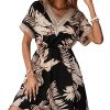 Women's Floral Print Short Sleeve V Neck Dress Casual Summer Lace Trim A Line Short Dresses
