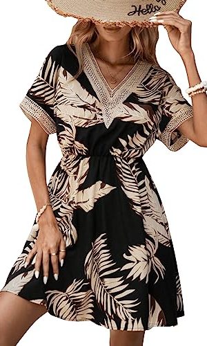 Women's Floral Print Short Sleeve V Neck Dress Casual Summer Lace Trim A Line Short Dresses