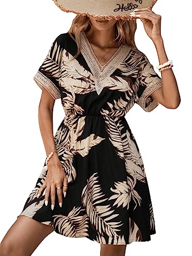 Women's Floral Print Short Sleeve V Neck Dress Casual Summer Lace Trim A Line Short Dresses