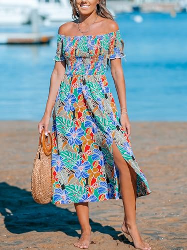 Women's Off The Shoulder Ruffled Short Sleeve Smocked Paisley Beach Midi Dress