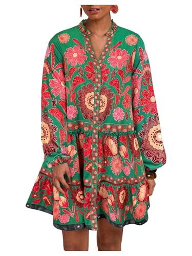 Women's Floral Print Summer Short Dresses Boho Beach Long Sleeve Button Down Flowy Smock Dress