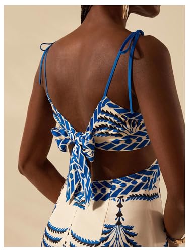 Women's Summer Maxi Dress Boho Print Tie Shoulder Spaghetti Strap Cut Out Tie Back Cami Dresses Sundress