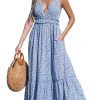 Women's Plunging V Neck Sleeveless Floral Boho Backless Ruffled Beach Summer Maxi Dresses with Pockets