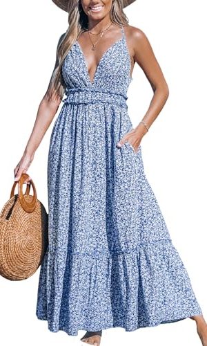 Women's Plunging V Neck Sleeveless Floral Boho Backless Ruffled Beach Summer Maxi Dresses with Pockets