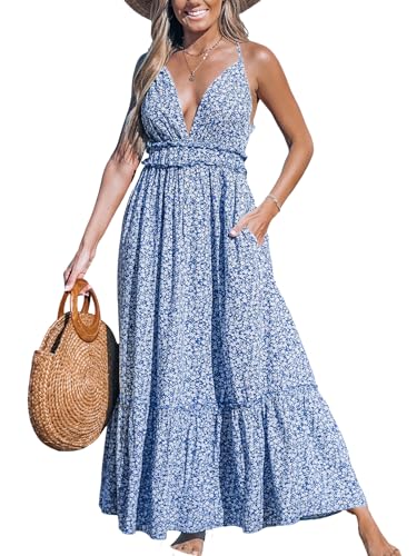 Women's Plunging V Neck Sleeveless Floral Boho Backless Ruffled Beach Summer Maxi Dresses with Pockets