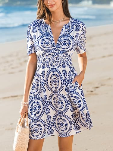 Womens Summer Dresses 2025 V Neck Short Sleeve Flowy A-line Beach Vacation Dress with Pockets