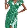Women's Polka Dots Short Sleeve V Neck Wrap Dress Tie Side Ruffle Midi Dresses