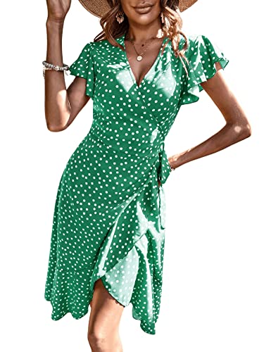 Women's Polka Dots Short Sleeve V Neck Wrap Dress Tie Side Ruffle Midi Dresses