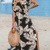 Women's Plunging V Neck Dress Tropical Leaves Print Dresses Short Sleeve Split Hem Maxi Dress