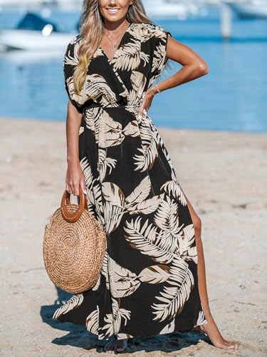 Women's Plunging V Neck Dress Tropical Leaves Print Dresses Short Sleeve Split Hem Maxi Dress