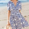 Womens Summer Dresses 2025 V Neck Short Sleeve Flowy A-line Beach Vacation Dress with Pockets
