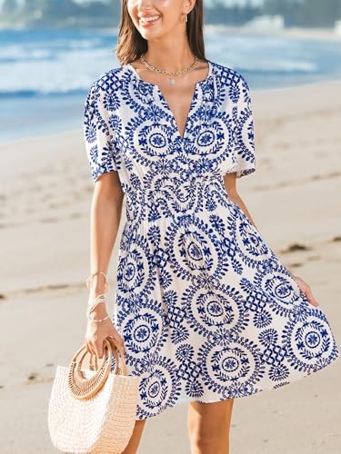 Womens Summer Dresses 2025 V Neck Short Sleeve Flowy A-line Beach Vacation Dress with Pockets