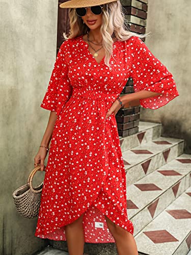 Women's Half Sleeve Floral Print Wrap Dress Boho V Neck Flowy A Line Midi Dresses
