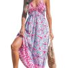 Women Backless Floral Summer Dress Plunging V Halter Neck Spaghetti Strap Ruffle Casual Beach Holiday Maxi Dress