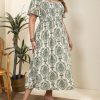 Women's Plus Size Casual Summer Midi Dress Square Neck Short Sleeves Smocked Waist with Pockets