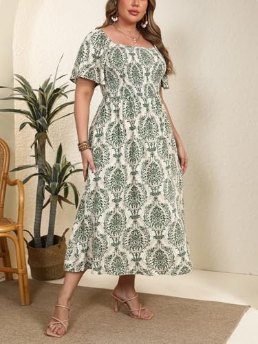Women's Plus Size Casual Summer Midi Dress Square Neck Short Sleeves Smocked Waist with Pockets