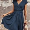 Women's Short Batwing Sleeve Cross Wrap V-Neck A-line Casual Swing Dress Plain Shirred Flared Short Dress
