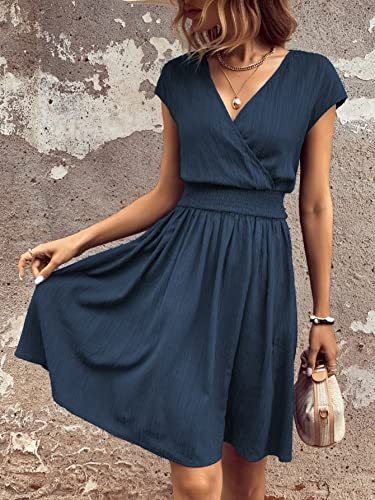 Women's Short Batwing Sleeve Cross Wrap V-Neck A-line Casual Swing Dress Plain Shirred Flared Short Dress