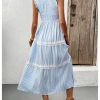 Women's Summer Long Dress Casual Boho Striped Sleeveless Smocked Tiered Ruffle Sundress
