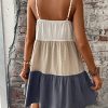 Women's Spaghetti Strap Color Block Cami Dress Causal Summer Tunic Ruffle Hem Short Dresses