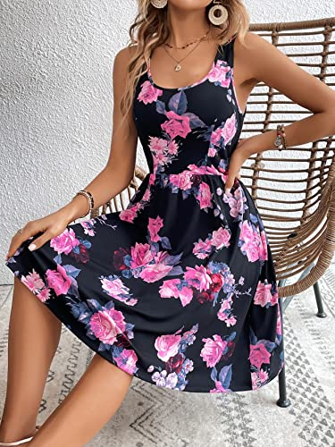Women's Boho Floral Print Scoop Neck Tank Dress Summer Ruffle A Line Knee Length Dresses