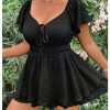 Women's Plus Size Romper Dress Ruffle Short Sleeve V Neck Flowy Summer Short Jumpsuits Plain Black 0XL