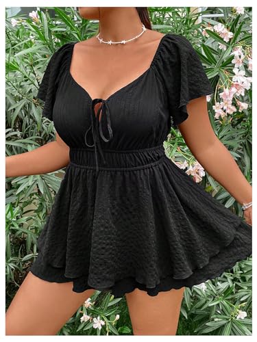 Women's Plus Size Romper Dress Ruffle Short Sleeve V Neck Flowy Summer Short Jumpsuits Plain Black 0XL