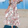 Women's Ruffle Beach Dress Paisley V Neck Short Sleeve Pleated High Waist Maxi Summer Dresses