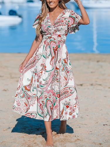Women's Ruffle Beach Dress Paisley V Neck Short Sleeve Pleated High Waist Maxi Summer Dresses