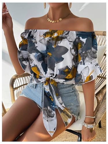 Women's Ruffle Half Sleeve Off Shoulder Knot Front Floral Crop Blouses
