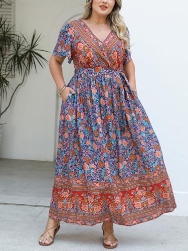 Women's Plus Size Summer Dress V Neck Short Ruffle Sleeves Flowy X Line Maxi Dress Wide Belt