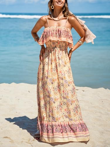 Women Ruffle Floral Summer Dress Spaghetti Strap Backless Flounce Casual Sundress Beach Holiday Maxi Dress