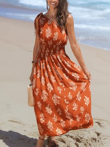 Women's One Shoulder Floral Printed Sleeveless Smocked Waist Maxi Dress Summer Boho Long Dress
