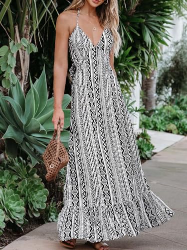 Women's Backless Halter Neck Dress Spaghetti Strap Tie Dress Smocked Waist Flounce Hem Maxi Dresses