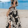 Women's Plunging V Neck Dress Tropical Leaves Print Dresses Short Sleeve Split Hem Maxi Dress