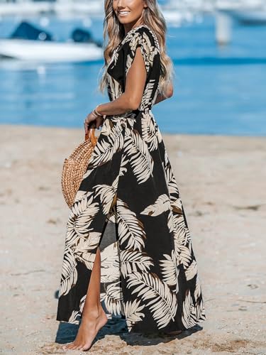 Women's Plunging V Neck Dress Tropical Leaves Print Dresses Short Sleeve Split Hem Maxi Dress