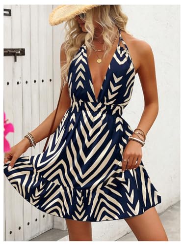 Women's Allover Print Summer Dress Halter Deep V Neck Ruffle Hem Short Dresses