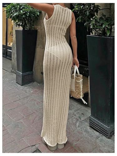 Women's Summer Sleeveless Bodycon Maxi Dress Sheer Knit Beach Vacation Long Dresses