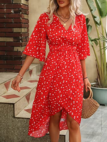 Women's Half Sleeve Floral Print Wrap Dress Boho V Neck Flowy A Line Midi Dresses