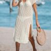 Women's Crochet Swim Suit Coverup Cap Sleeve Knit Loose Beach Cover Ups Side Split Midi Dress