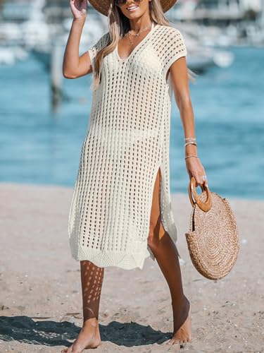 Women's Crochet Swim Suit Coverup Cap Sleeve Knit Loose Beach Cover Ups Side Split Midi Dress