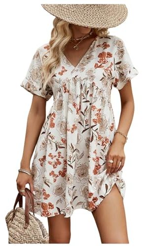 Women's Floral Print Ruffle Mini Dresses Dolman Short Sleeve V Neck Vacation Boho Dress