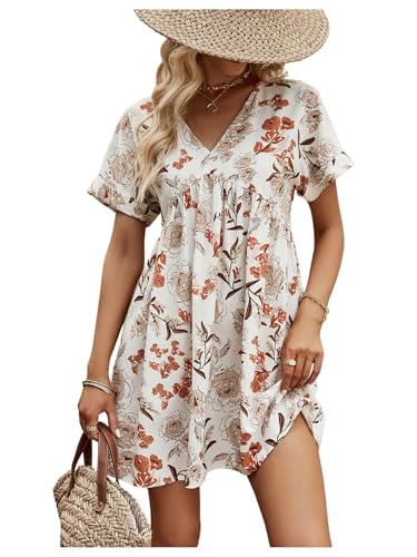 Women's Floral Print Ruffle Mini Dresses Dolman Short Sleeve V Neck Vacation Boho Dress