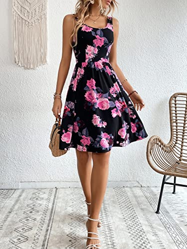 Women's Boho Floral Print Scoop Neck Tank Dress Summer Ruffle A Line Knee Length Dresses